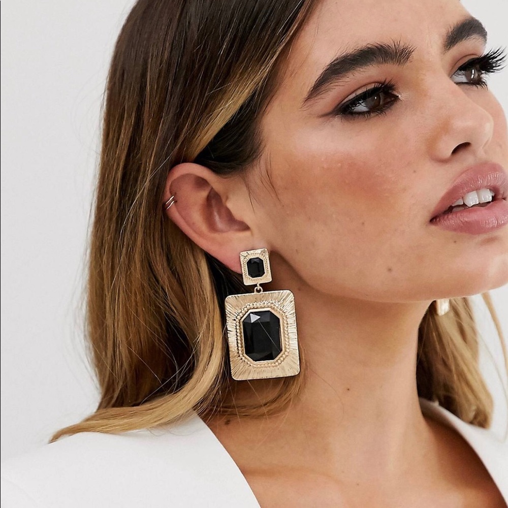 Gold-tone Drop Earrings w/ black stone